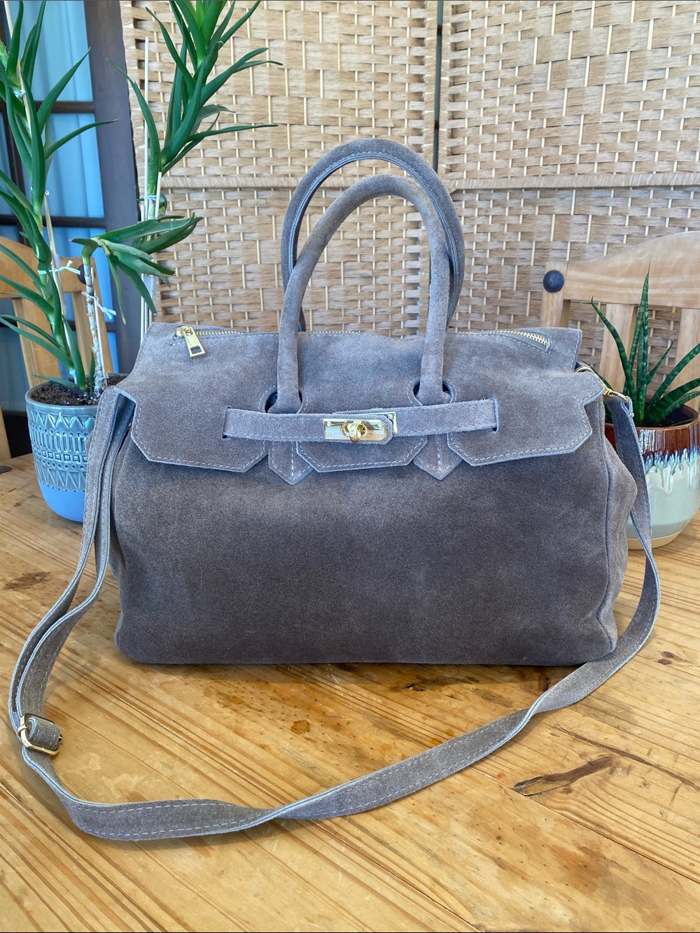 Voemien Italian Made Suede Satchel in Taupe with Top Handles